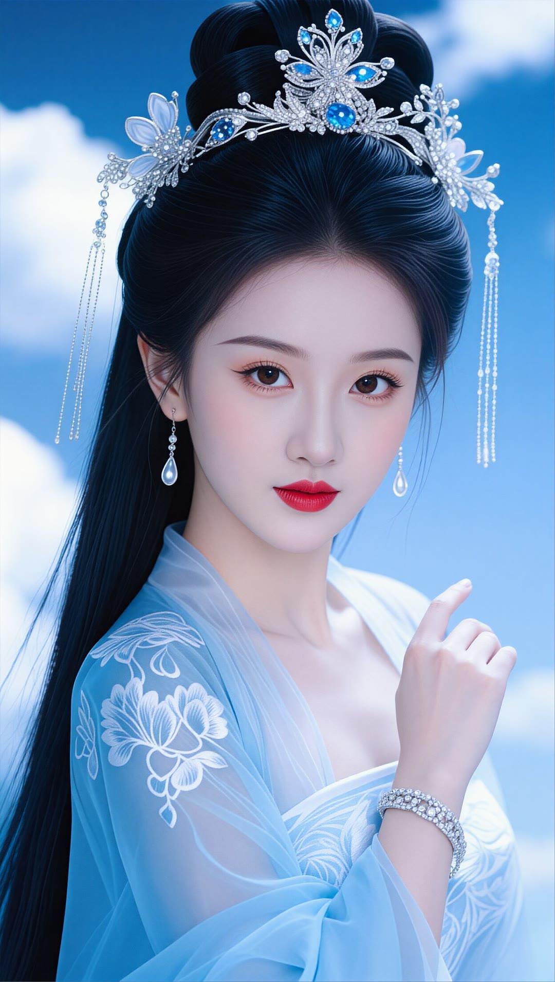 云鬓花簪映，玉颜红唇香。