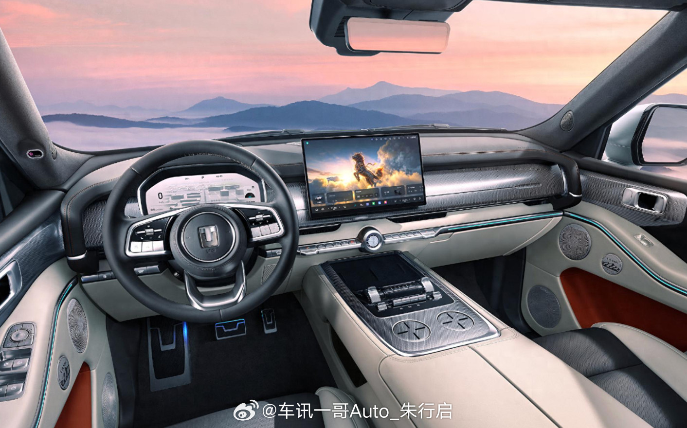 坦克700Hi4-Z内饰官图正式发布。新车配备有悬浮式中控屏以及后排吸顶屏等配