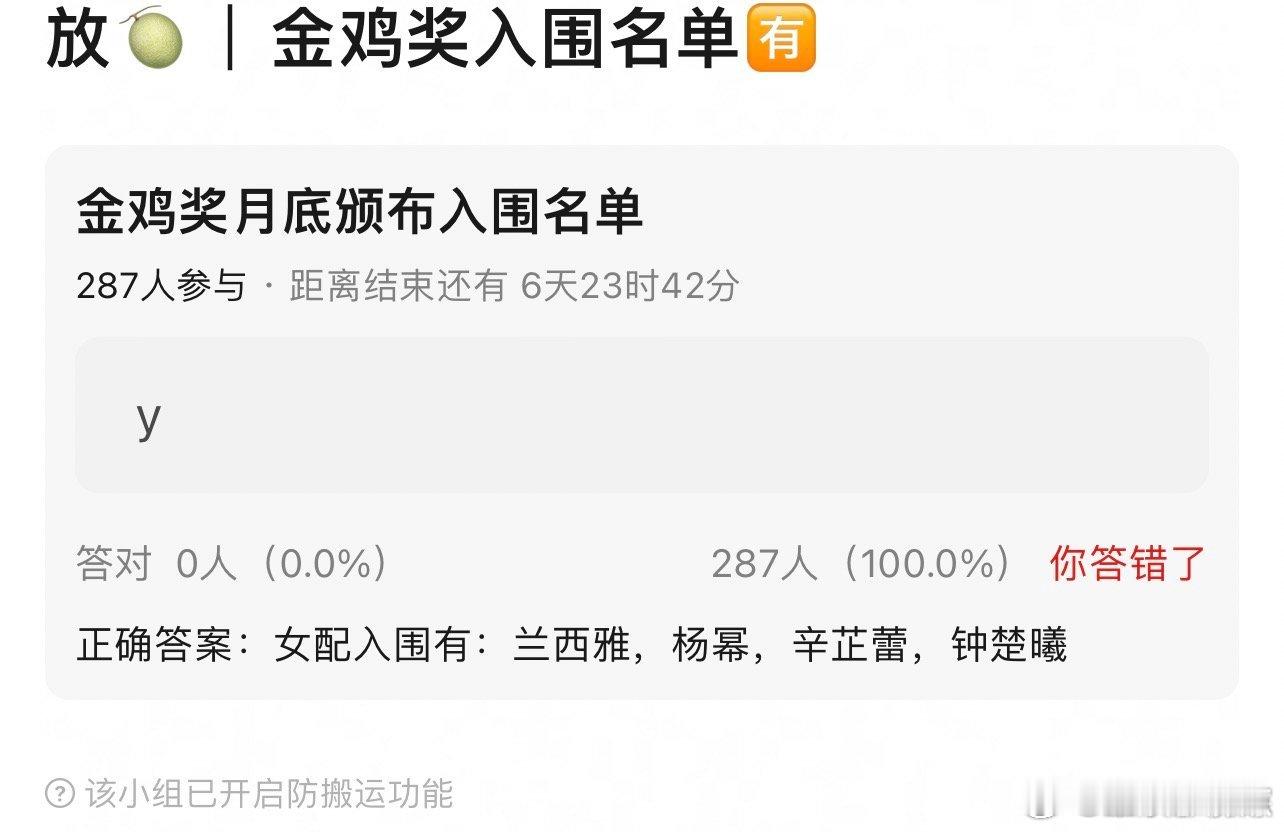 杨幂入围金鸡奖最佳女配角辛芷蕾入围金鸡奖最佳女配角🍉金鸡奖女配入围有：兰西雅，