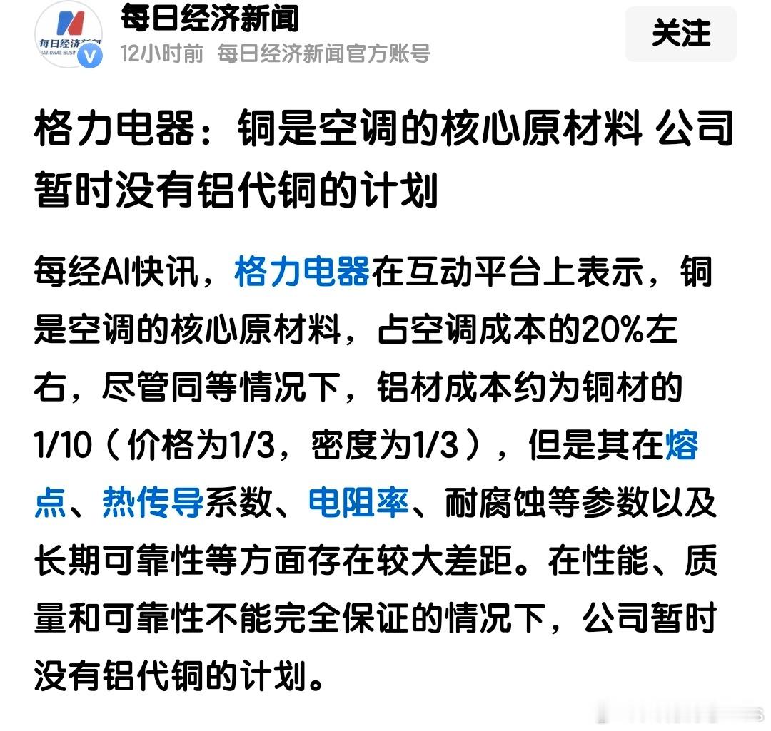 格力电器：铜是空调的核心原材料公司暂时没有铝代铜的计划​​​