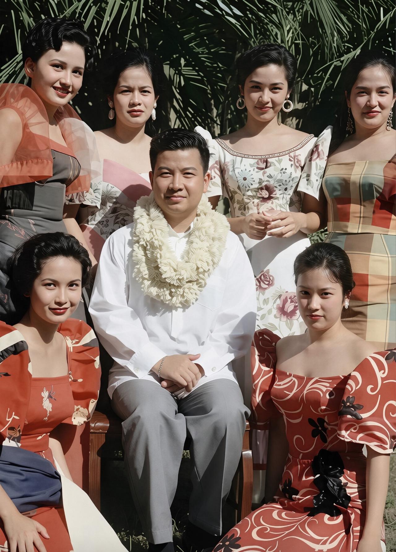 上世纪50年代，柬埔寨国王西哈努克和他的6位王妃的一张合影。照片中，6个王妃看上