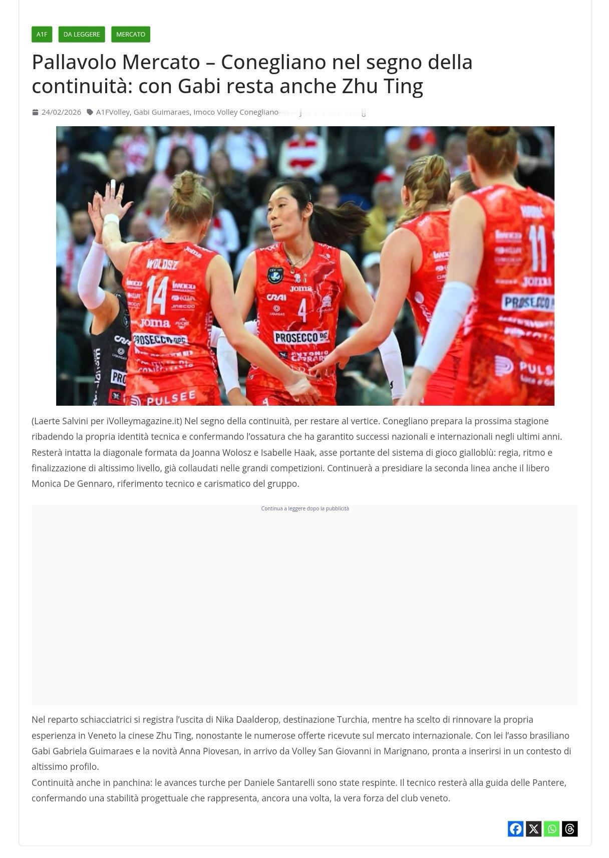 意媒报道：朱婷选择留在科内意媒《排球杂志》，以“科内利亚诺延续传统，朱婷继续