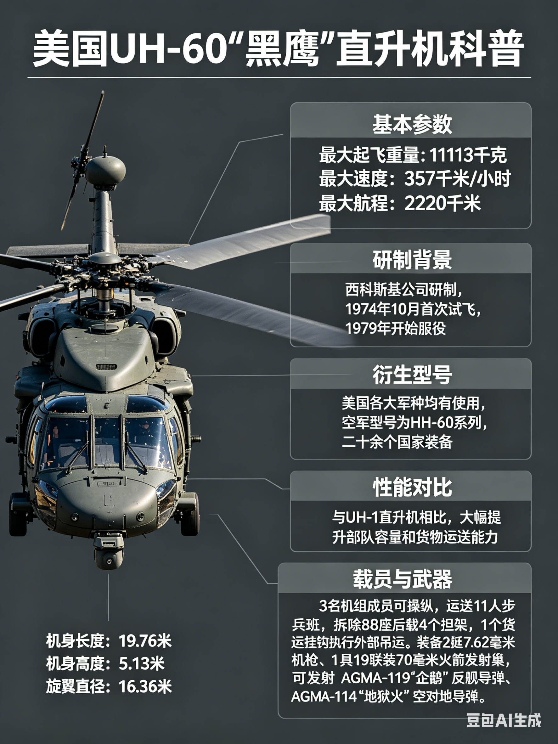 军事ai新视野美国UH-60“黑鹰”直升机机身长度：19.76米机身高度：5.
