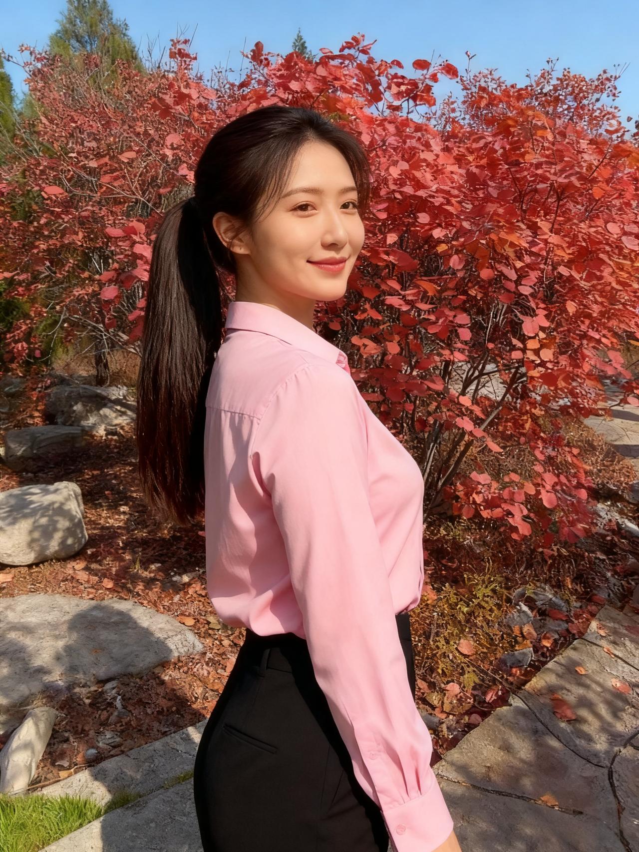 红叶如霞，铺满了山坡少女的粉衫在其中闪烁像一朵温柔的花开在无人问津的角落