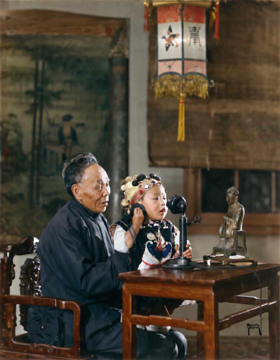 1913年，上海，一位身着中式童装、头戴吉祥发饰的富裕家庭幼童，正好奇地摆弄着客