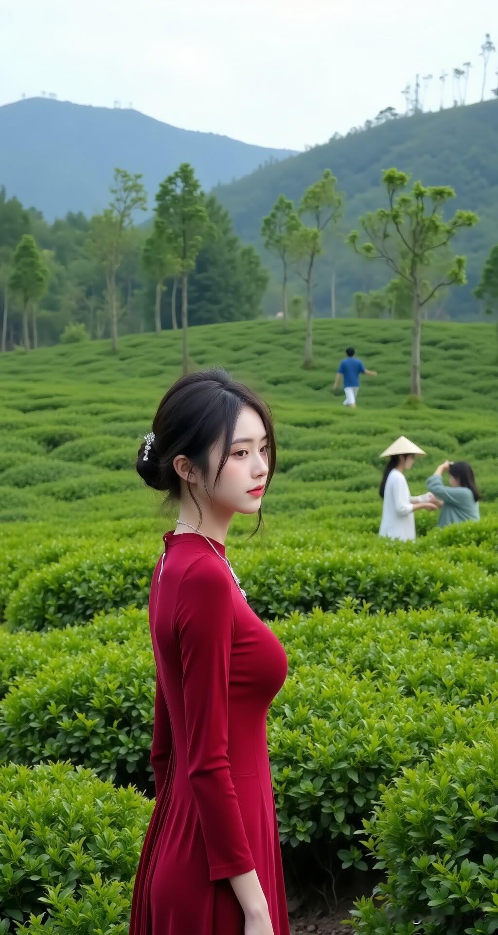 红裙于绿茶园间盛放，眸光寻向天际，似在等风，也等一场未诉的心动。