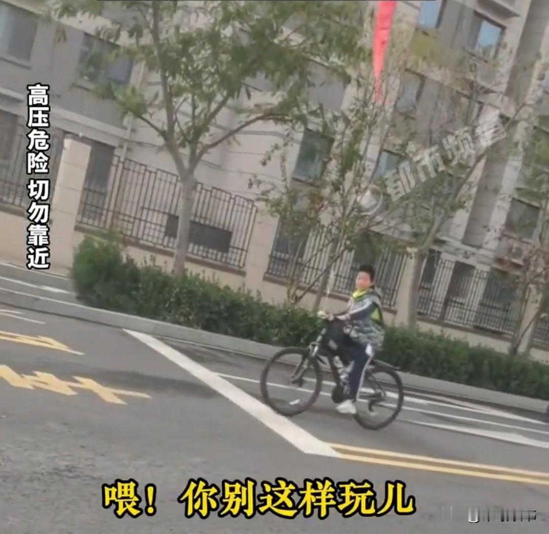 济南街头，一男孩骑着自行车，手里攥着缠了几圈的气球绳，彩色气球飘着直往路边高压线