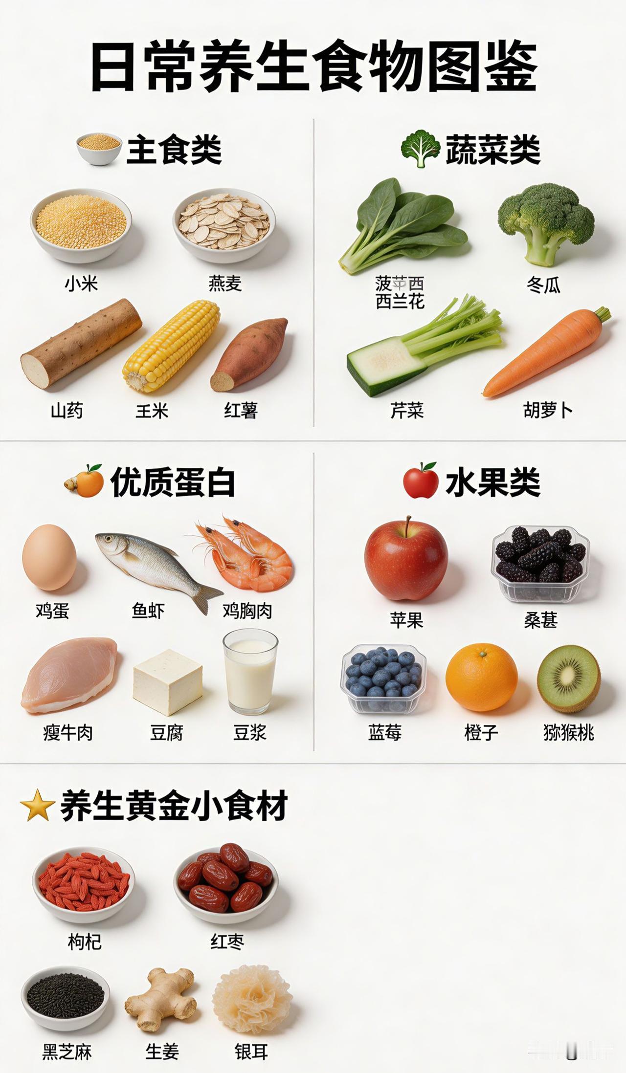 日常最养生食物，分大类直接照着吃核心原则：清淡、均衡、少加工、应季，不用吃