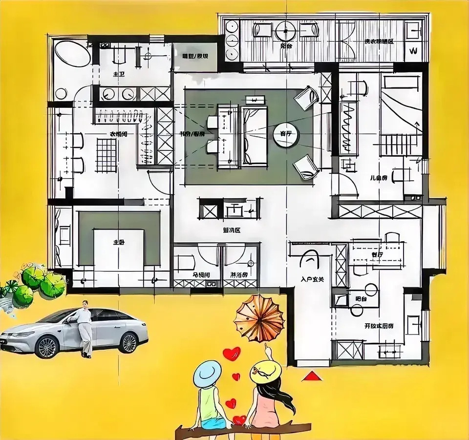 花一分钱挑毛病？138m²魔改三玄机，看不靠墙沙发咋玩转7m横厅！