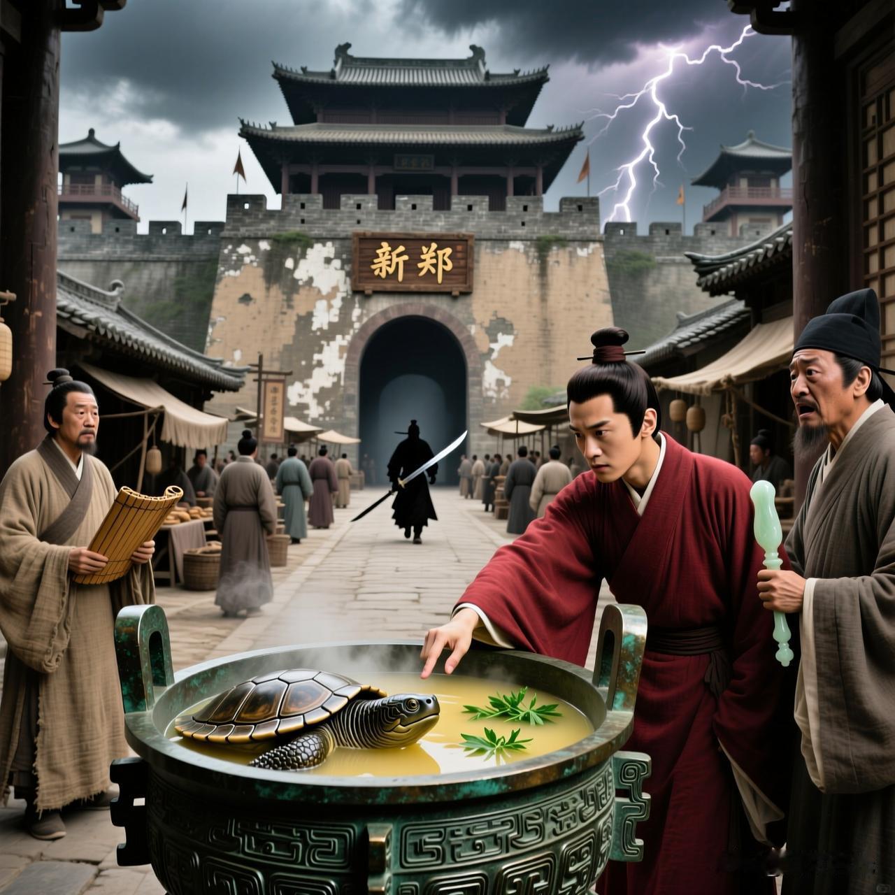 公元前605年，夏六月，郑国新郑城。一碗鼋羹引发的染指之祸，造成新君被弑的血案。