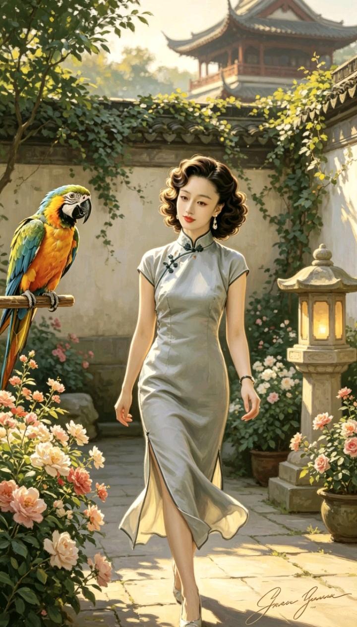 一个穿着旗袍的女士在花园里散步。少女旗袍拍照怎么样有韵味江南风旗袍美女旗袍街