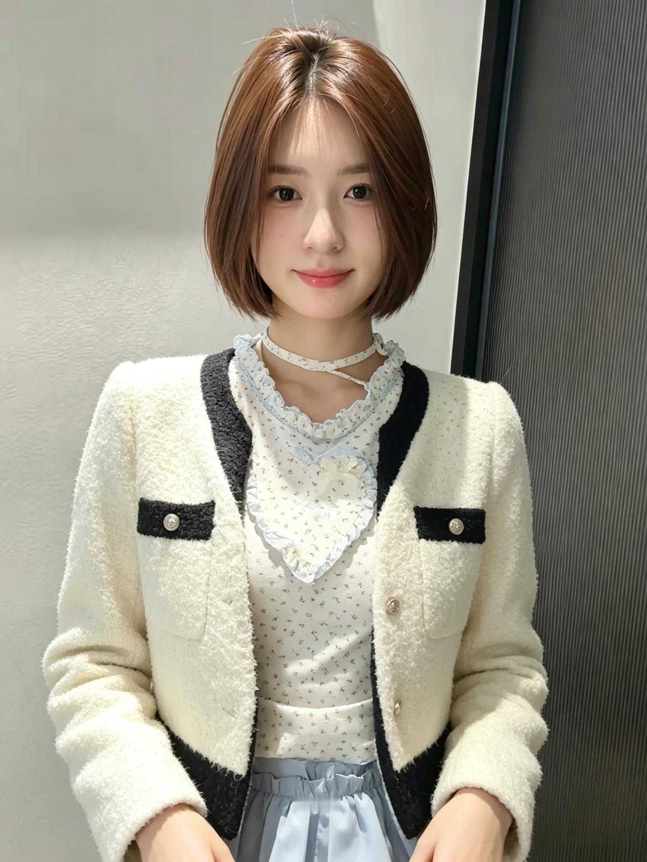 雅致衣装气质佳，温婉眉眼韵如纱。春心一点藏衣畔，落落风华胜百花。