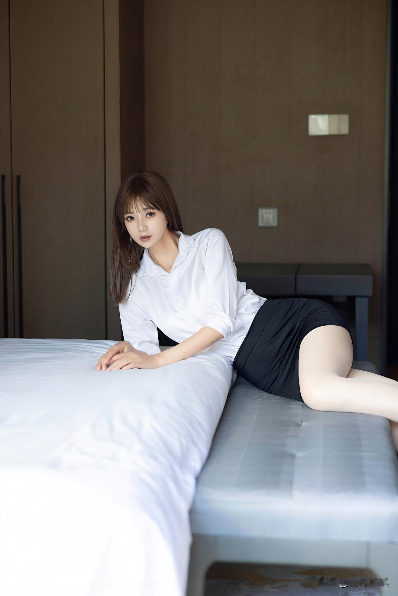 优雅白衬衫搭配黑色短裙，简约而不失时尚！