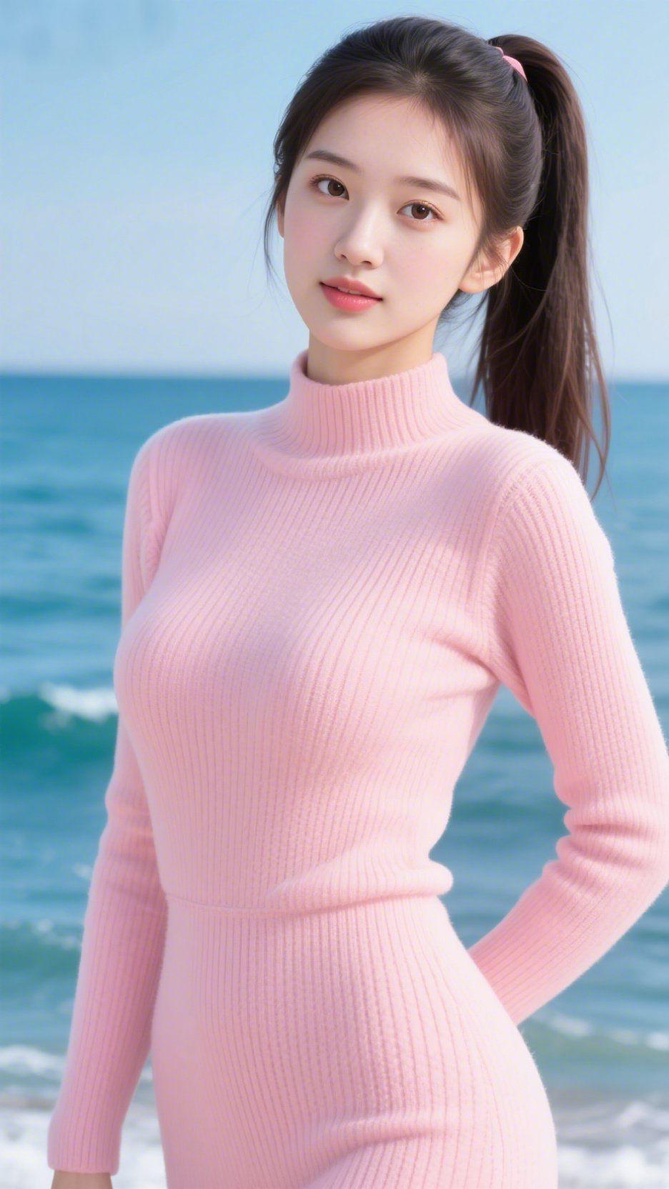 粉绒海境里的轻柔海风裹着咸软气息漫来时，她立在蓝白交界间，粉针织裙像揉碎的