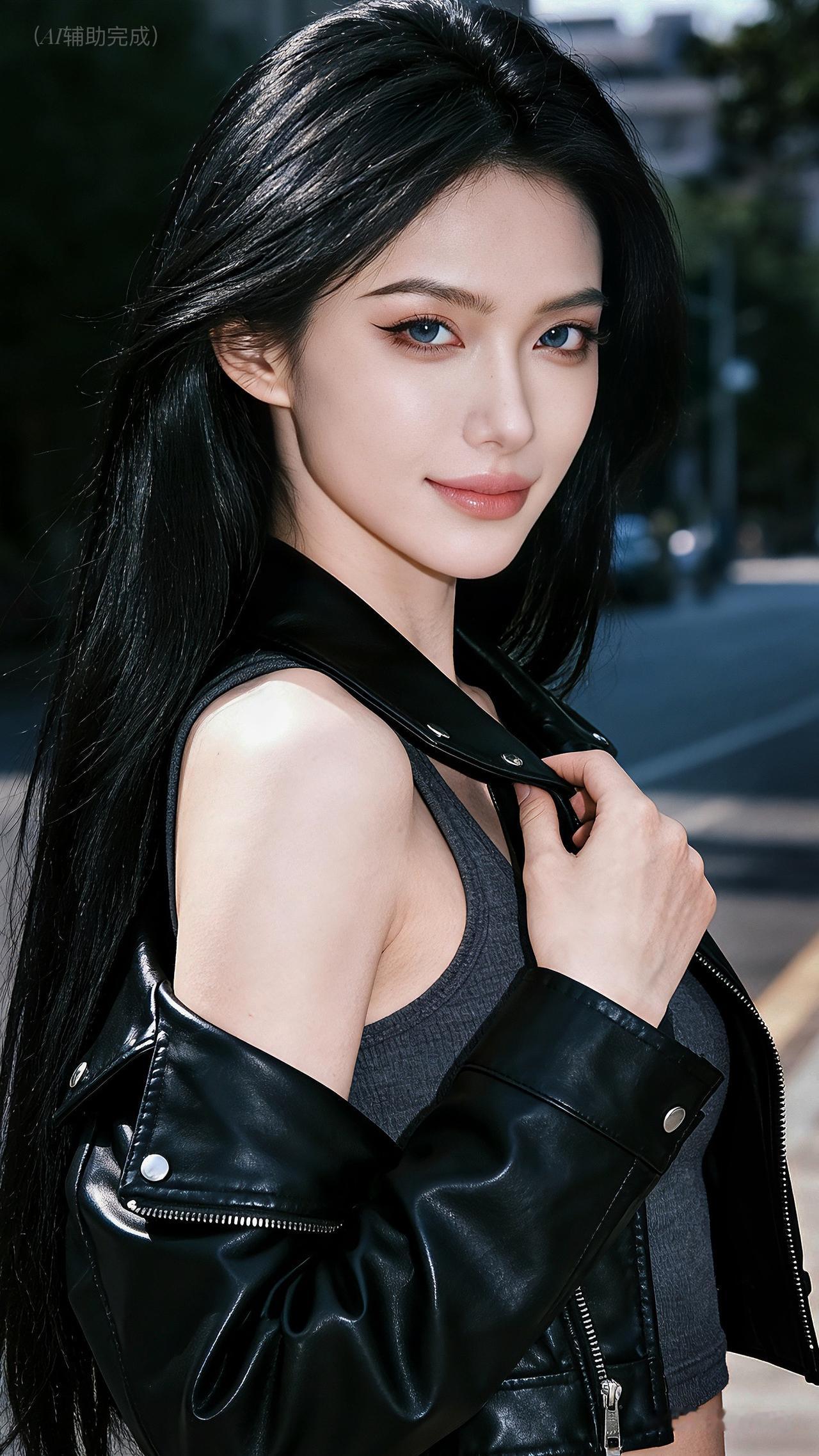 乌黑长发如瀑垂肩，蓝眸藏星眼含笑。黑皮夹克轻拉领口，灰背心露光洁颈线，酷帅与柔美