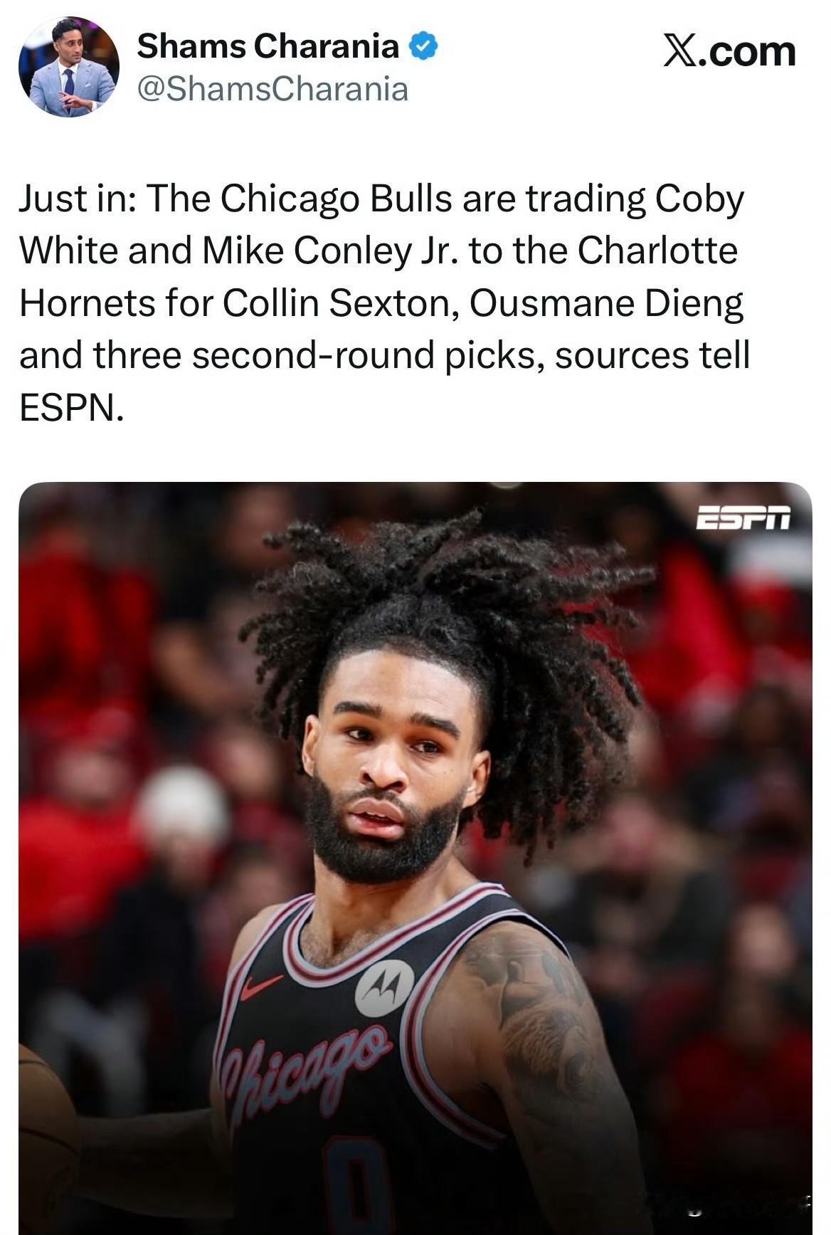 公牛交易科比-怀特和康利至黄蜂，换回塞克斯顿、迪昂和三个次轮签！根据记者Sh