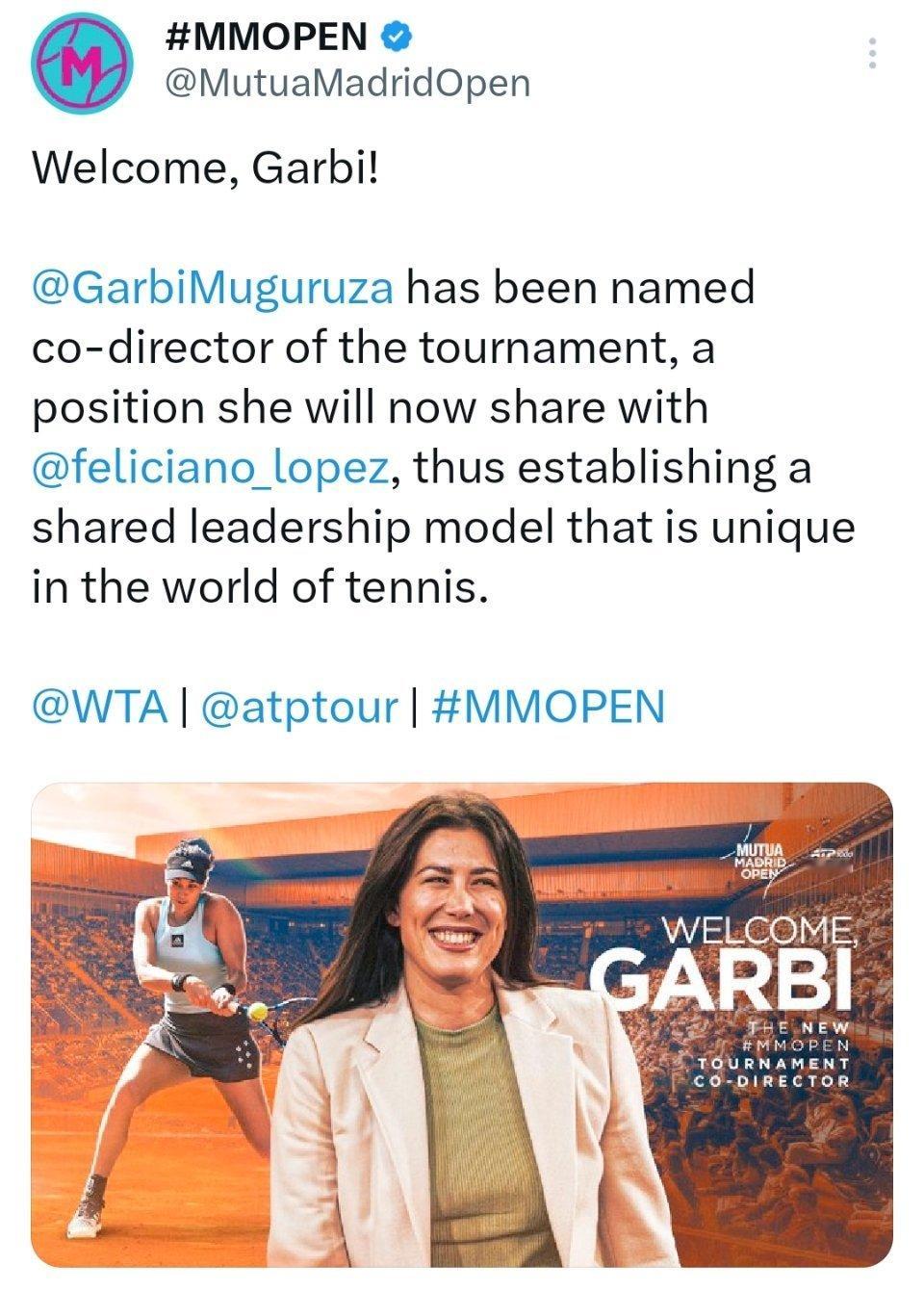 穆古鲁扎将出任马德里站联合赛事总监WTA1000