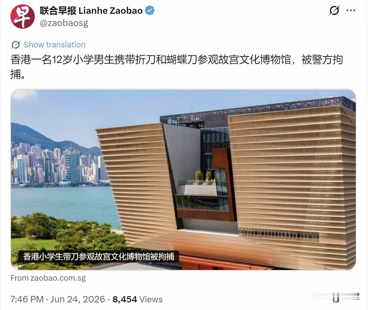 真会玩文字游戏！新加坡媒体:香港男孩带刀具参观故宫文化博物馆被捕这是24号联合