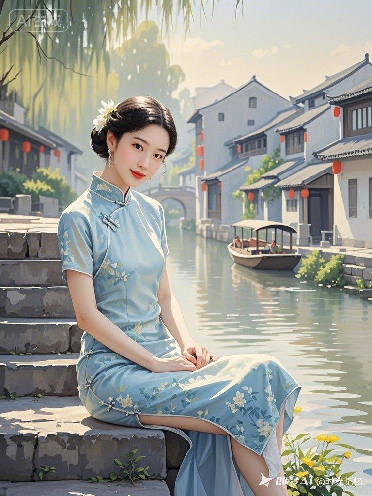 江南水乡，古典美人，静坐石阶，如诗如画。