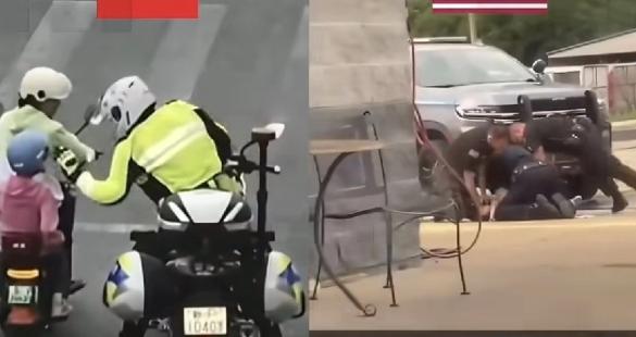 一位美国博主做了一个中美警察的对比视频，该博主表示：中国将近百分之一百的警察没有