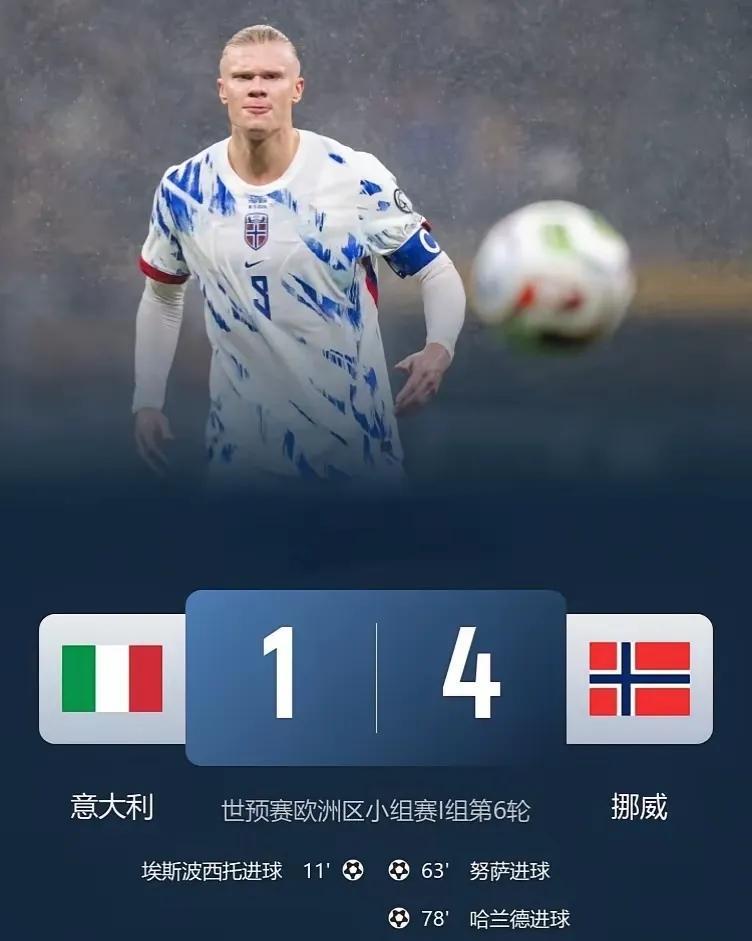 挪威4比1完胜意大利，哈兰德梅开二度，挪威8连胜直通美加墨世界杯，挪威继1998