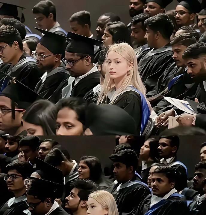 一张加拿大高校的毕业照，在外网掀起了轩然大波。画面里，一位金发白皙的中国女