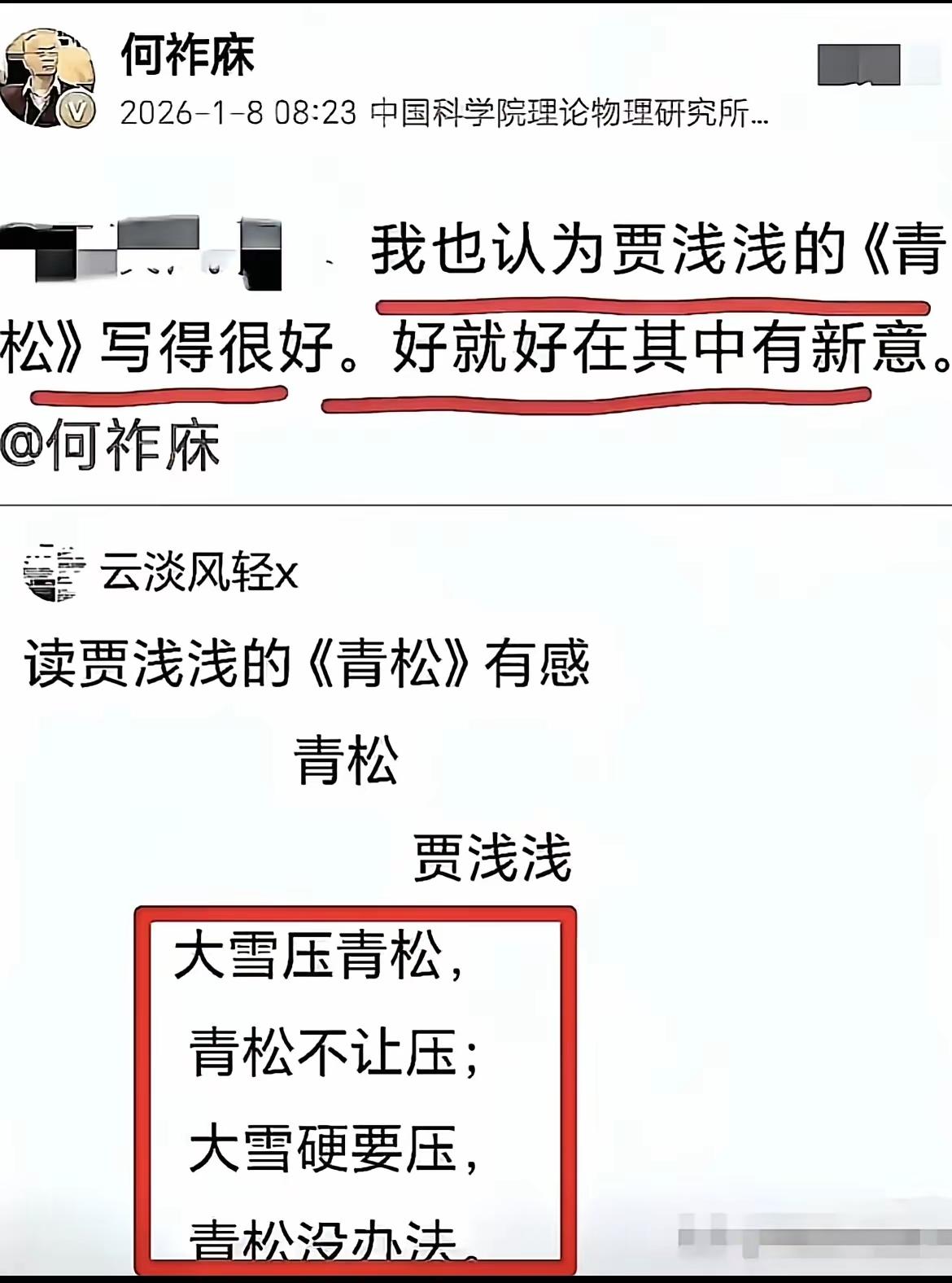 贾浅浅副教授的第一首诗(图一)，被中科院何老高度评价称，写得很好，有新意。不知道