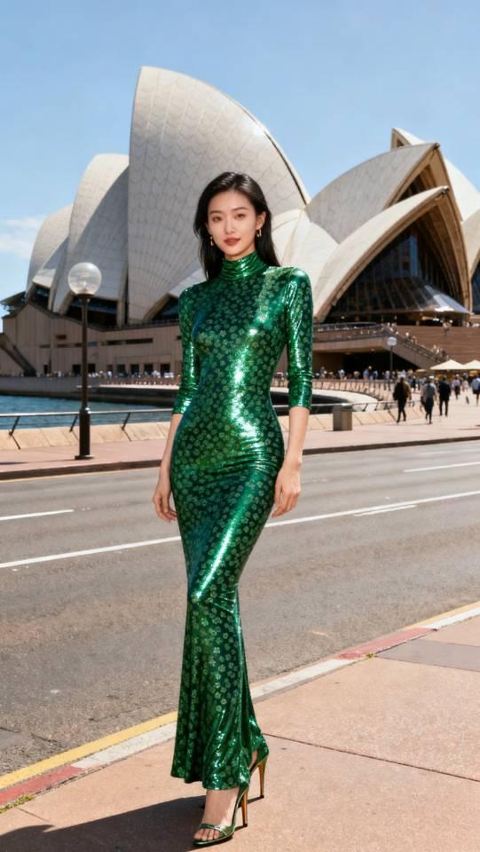 绿色连衣长裙女子悉尼歌剧院留影。绿长裙连衣裙美女壁纸