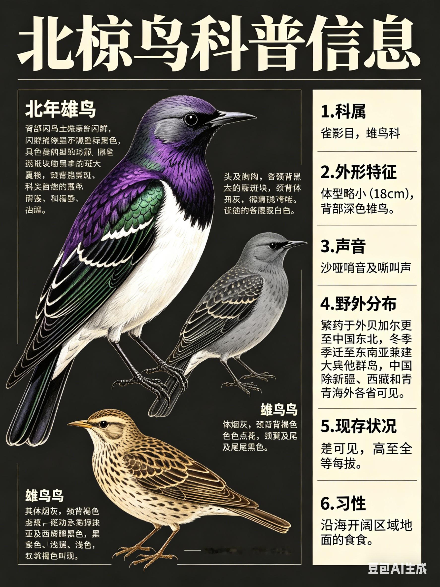 鸟类朋友图鉴北椋鸟·科属：雀形目，椋鸟科。·外形特征：体型略小（18cm）、背