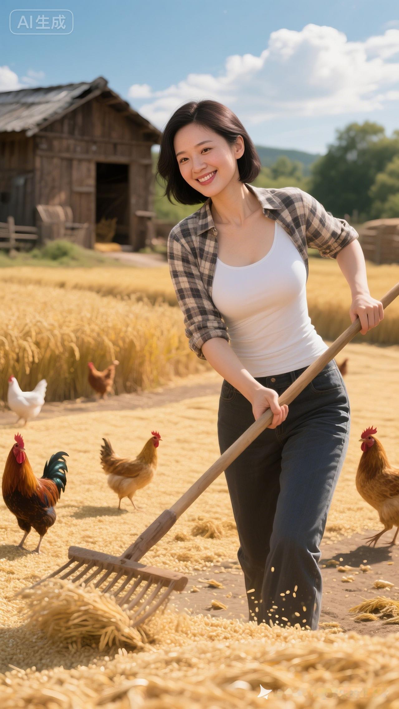 田园生活的美好，微笑女孩与鸡群相伴，享受自然的馈赠。