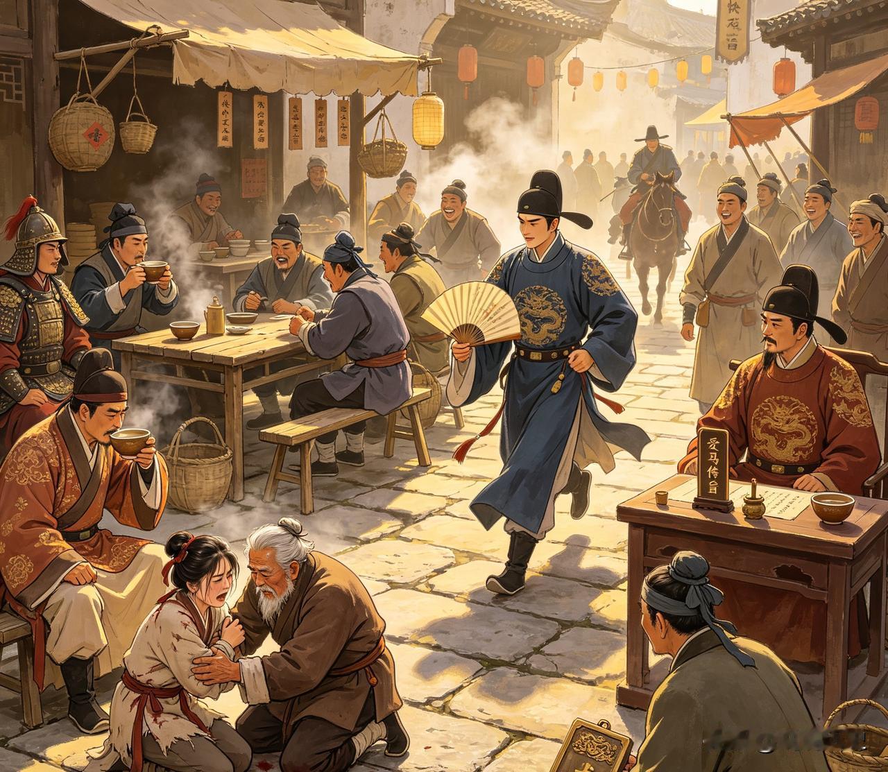 朱元璋扮商人茶摊歇脚，见知县强抢民女，知县：你可知我爹是谁。初夏的日头晒得