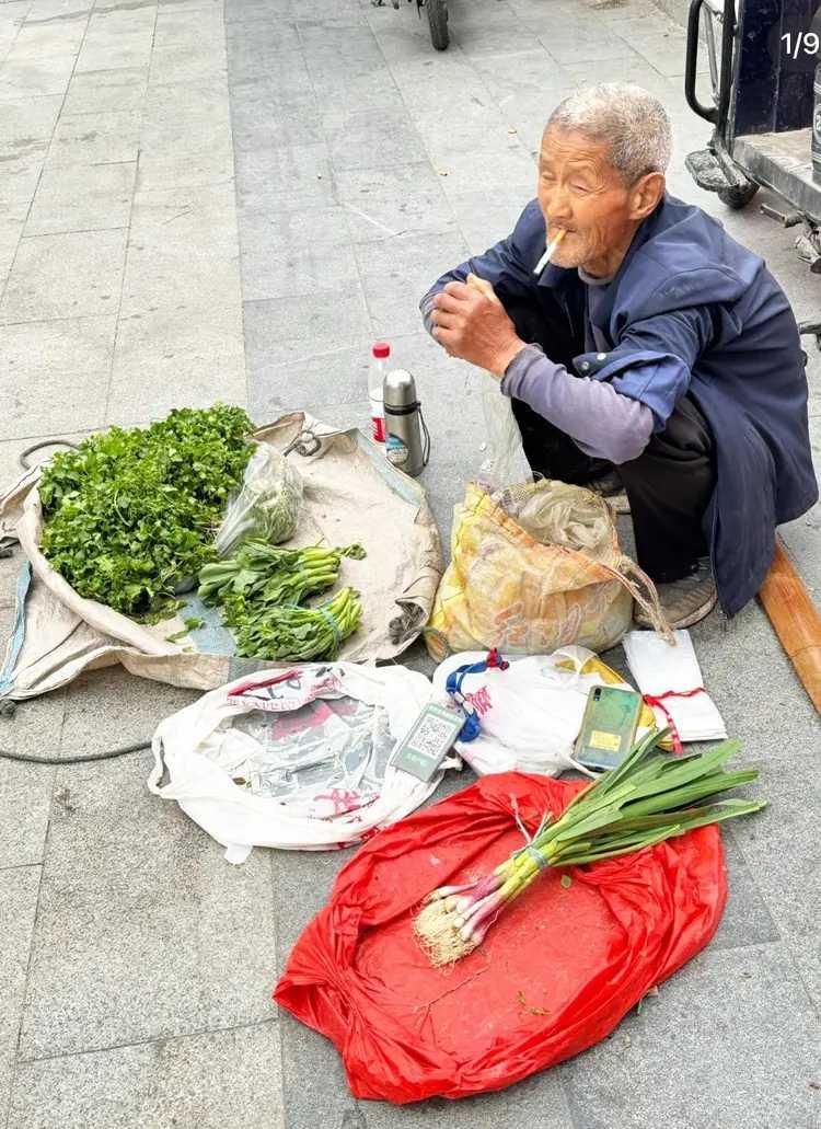 一老人天天挑着一筐自家种的菜到街边卖。生意说不上好，偶尔也会有两个人光顾。有