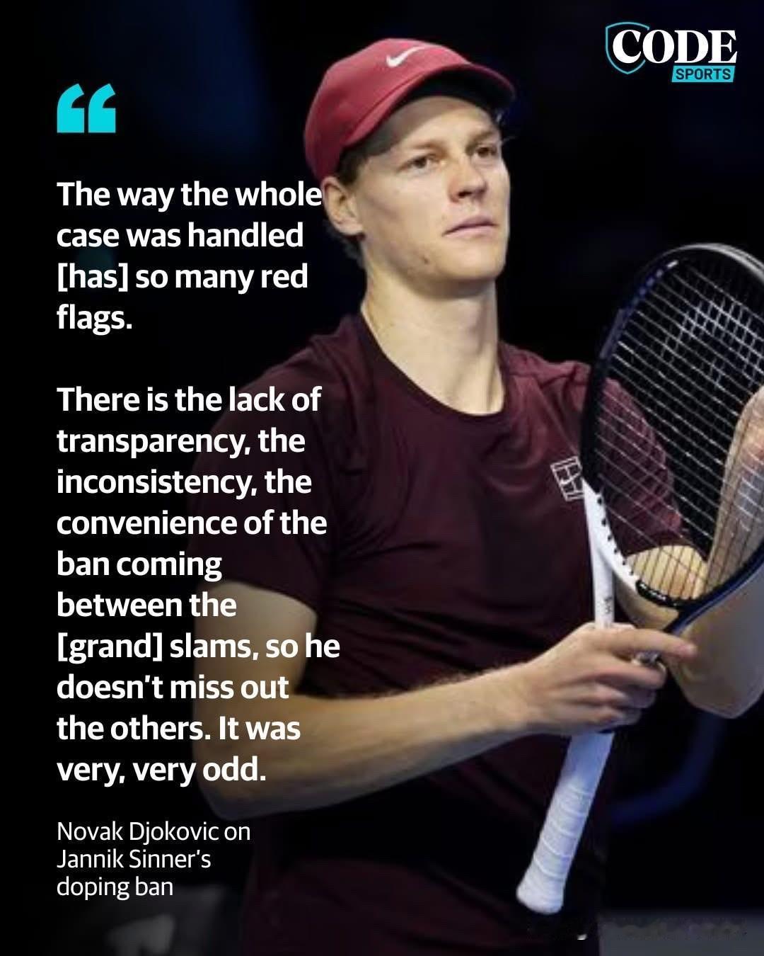 德约科维奇近日再次公开谈到了辛纳兴奋剂禁赛事件：“整个案件的处理方式疑点重重，缺