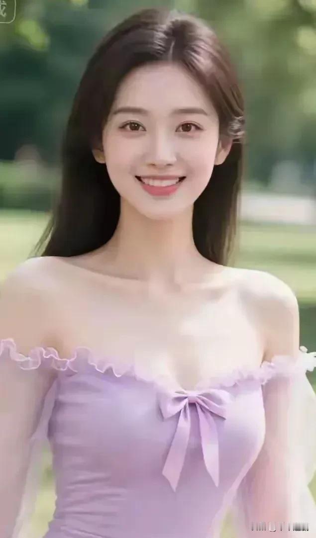 清雅脱俗的美到底长啥样？ 芋泥紫露肩裙衬着绿茵背景，甜笑揉出温柔又灵动的少女氛围