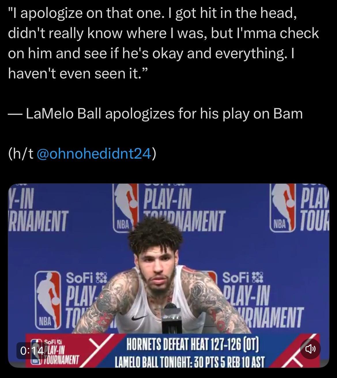 拉梅洛-鲍尔向阿德巴约道歉：“我真的很抱歉。我当时头部被撞到了，有点懵，不知道自