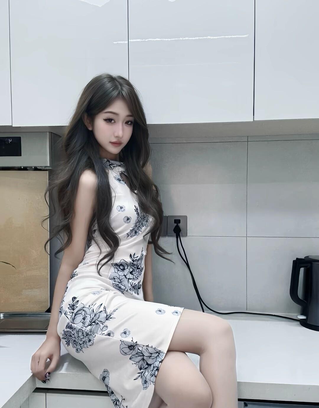 优雅气质，黑白印花连衣裙，厨房里的时尚一瞥。