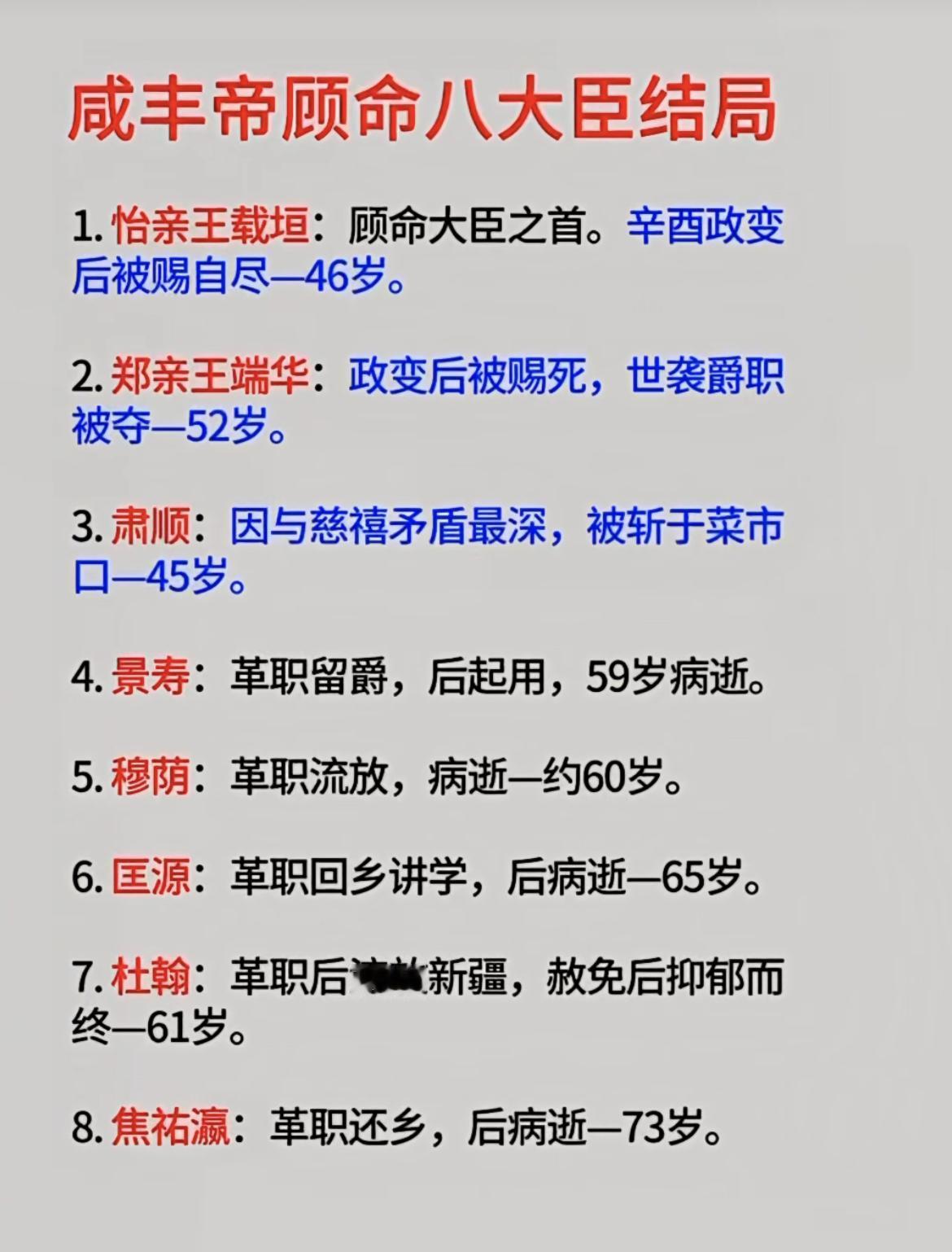 一张图看明白败给慈禧太后的顾命八大臣结局。这里面咸丰帝的姐夫景寿最幸运，疑似