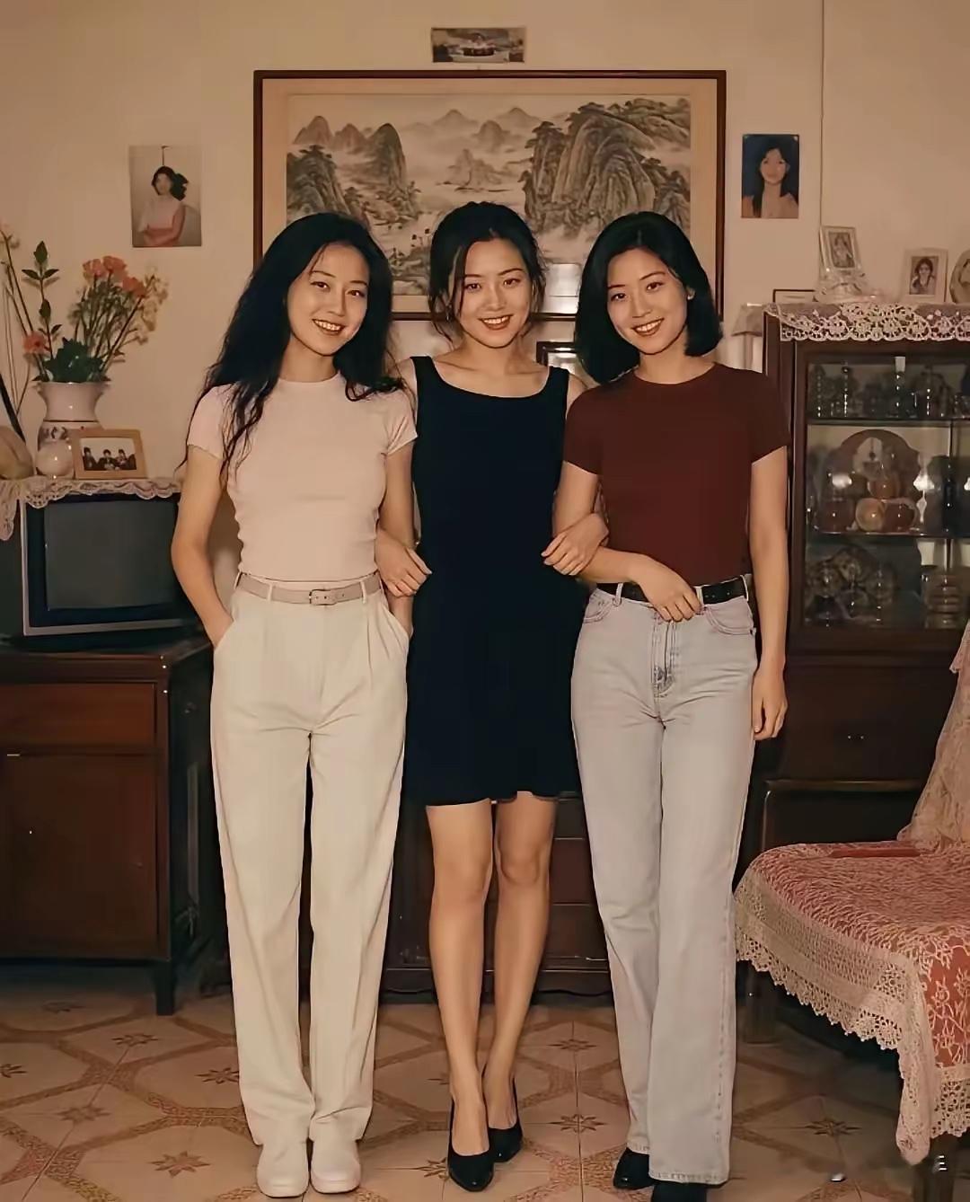 看这张照片根据家具的特点和设计以及三位美女的穿着打扮照片应该是在90年代初