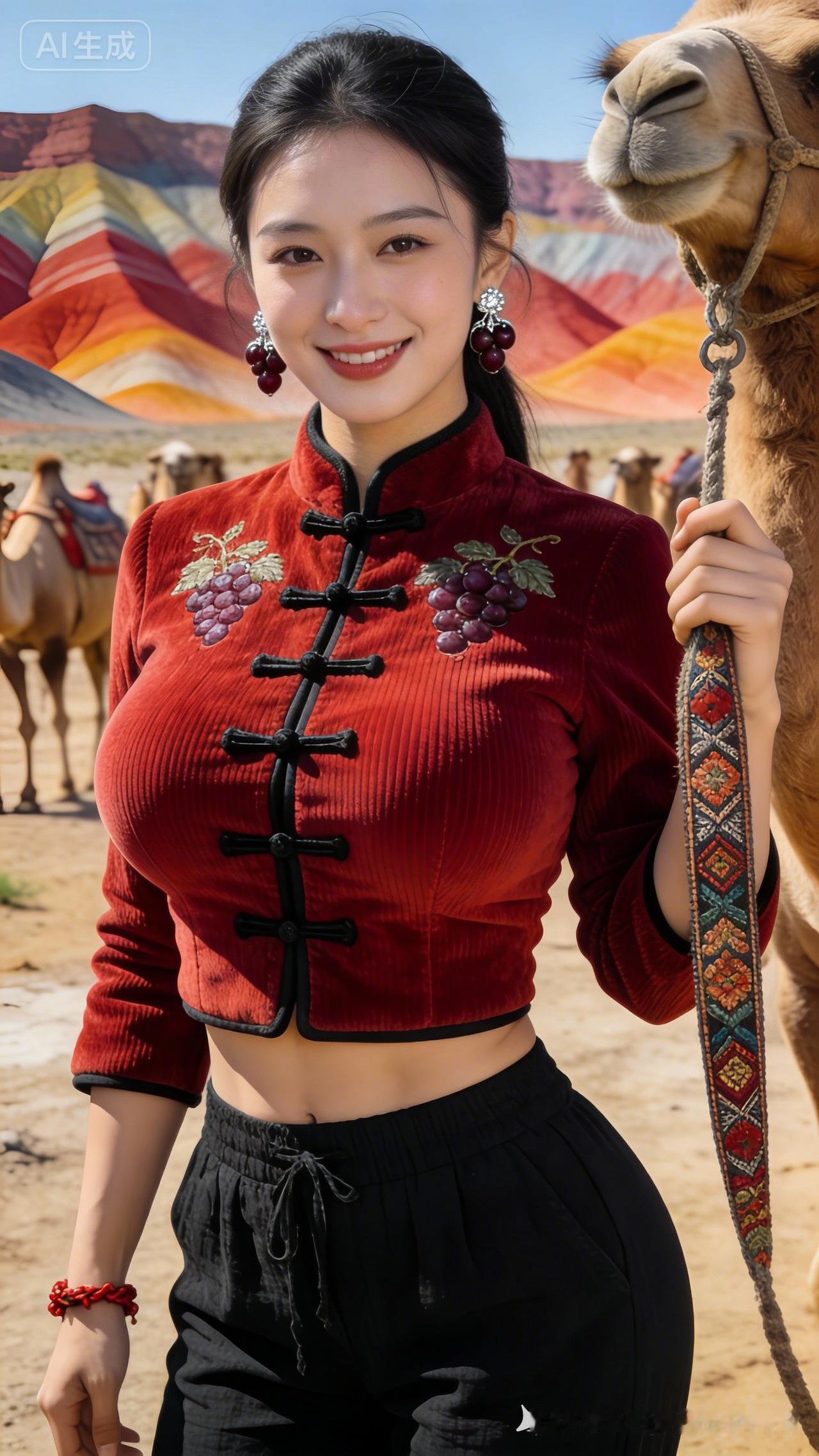 红衣少女与骆驼的沙漠之旅