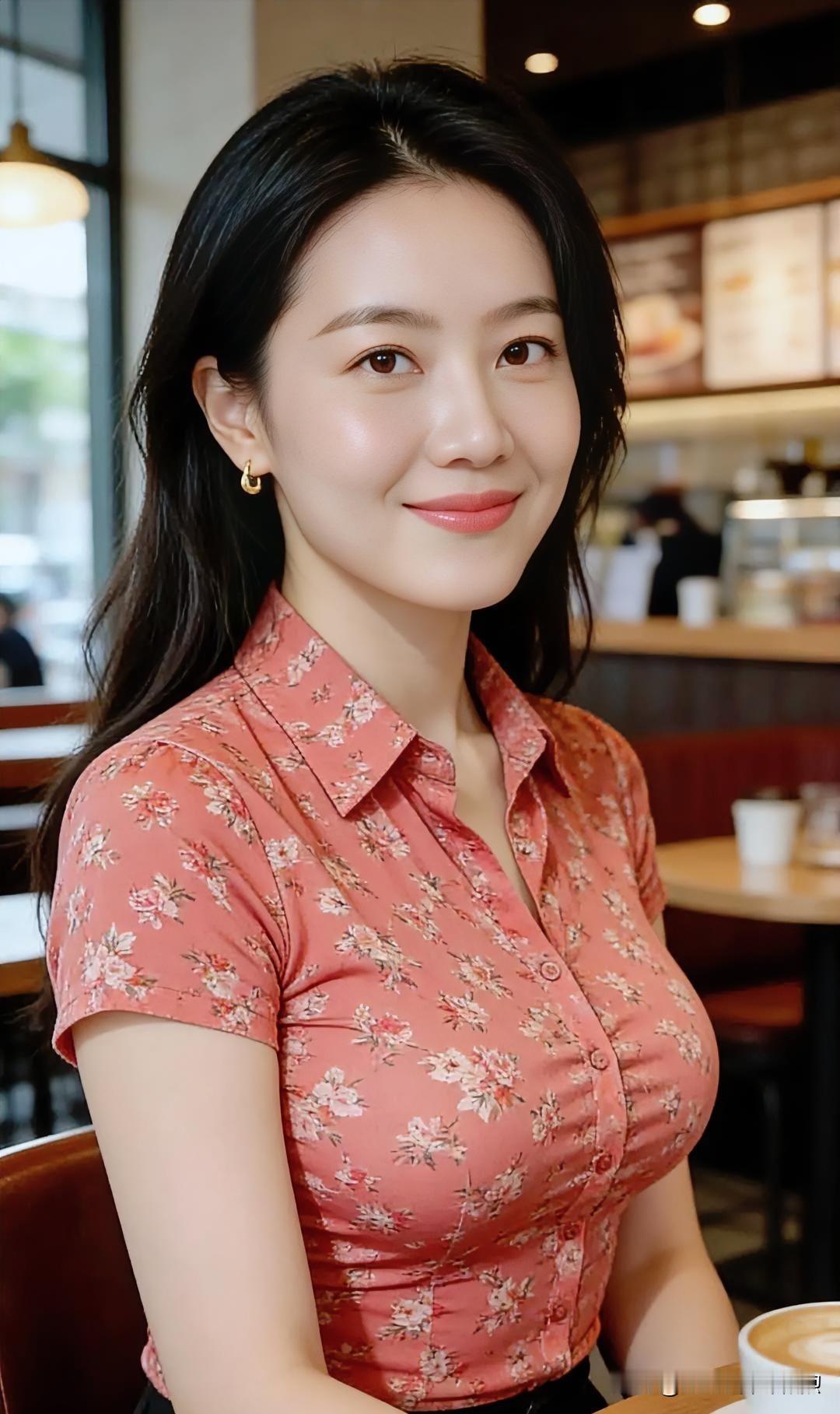 暖调碎花衬衫，温柔点缀。咖啡馆内轻倚，浅笑温婉，尽显生活里的从容诗意与恬静之美。