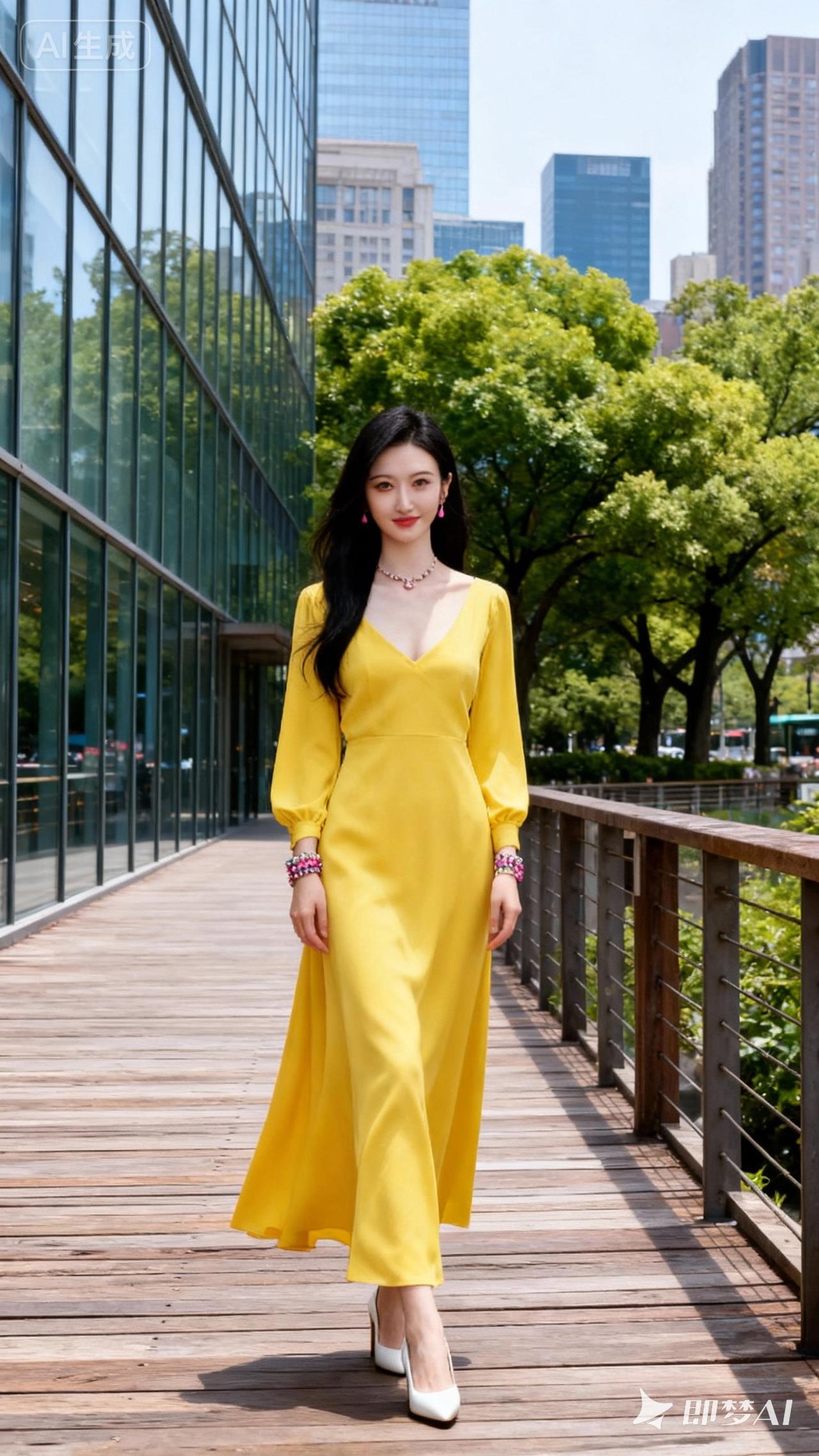 黄色长裙搭配白色高跟鞋，走在现代都市的步道上，尽显优雅与自信。
