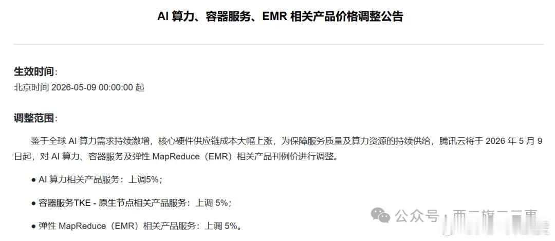 就在刚刚，腾讯云在官网挂出一则公告，宣布从2026年5月9日起，AI算力、容器服