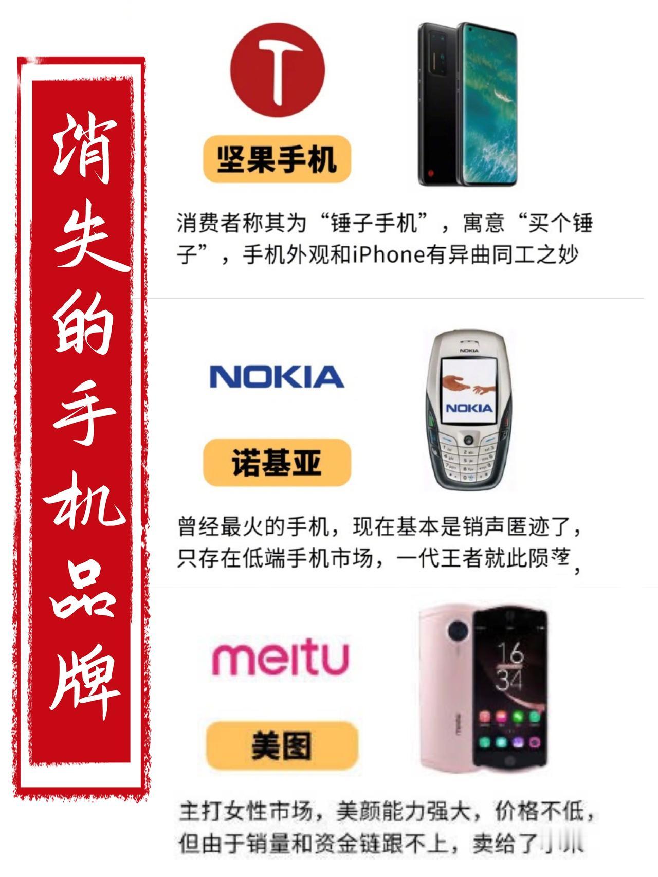 曾经很火但已消失的手机品牌，你还记得几款？1、坚果手机2、诺基亚手机3、