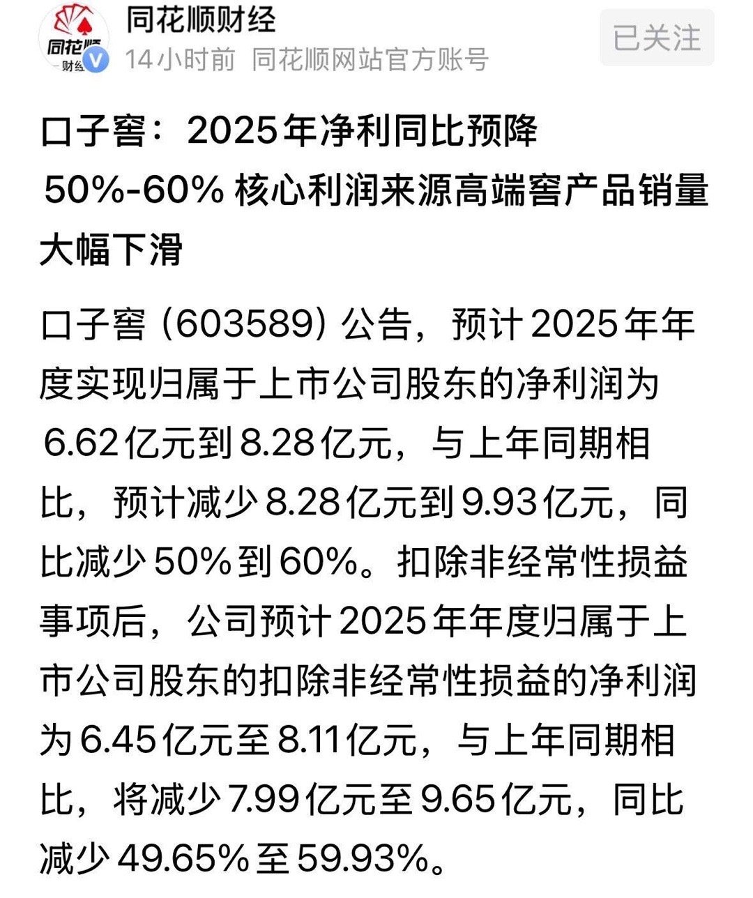 白酒行业首家业绩预告出炉，口子窖同比净利润同比下滑50%-60%，而其四季度净利