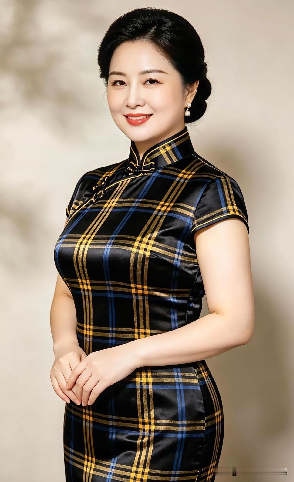 墨色经纬交织，勾勒出岁月沉淀的从容。盘扣轻锁东方雅韵，温婉笑靥如春风拂面。端庄体