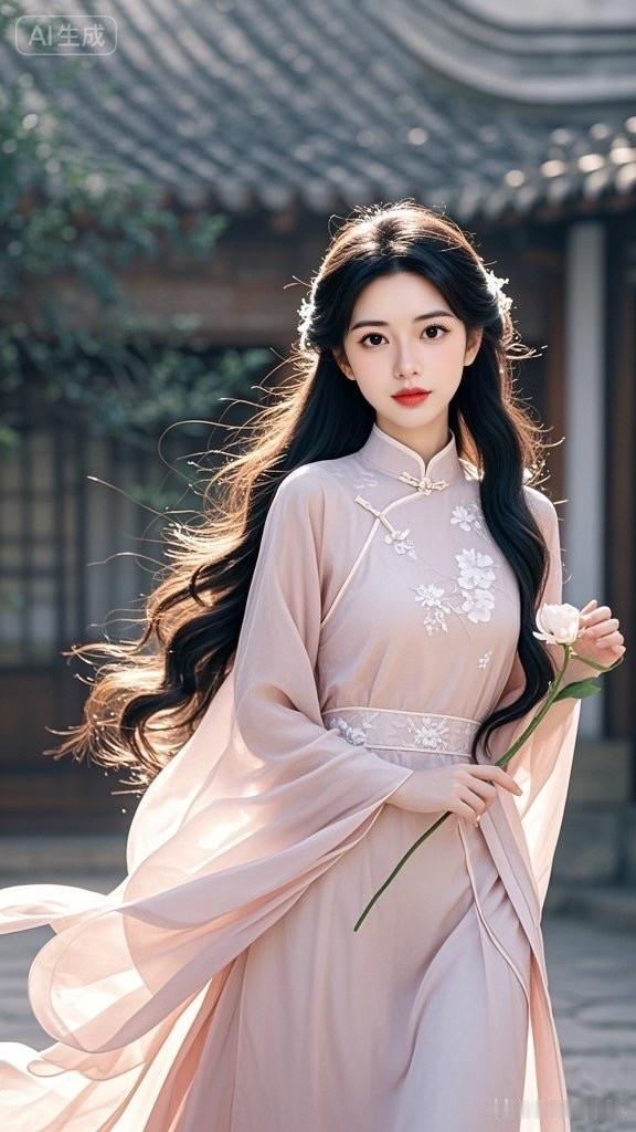 古风少女，轻纱飘逸，手持白花，唯美如画。