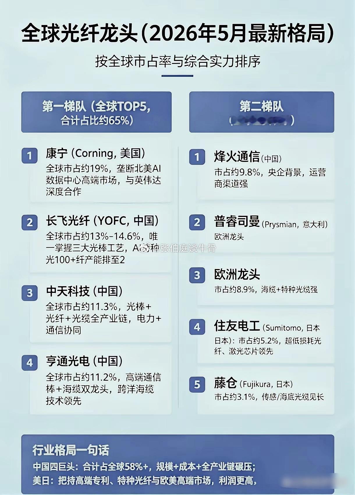 全球光纤龙头​全球光纤龙头！​全球光纤龙头（2026年，按市占与影响力）第一梯队（全球双强）​康宁（