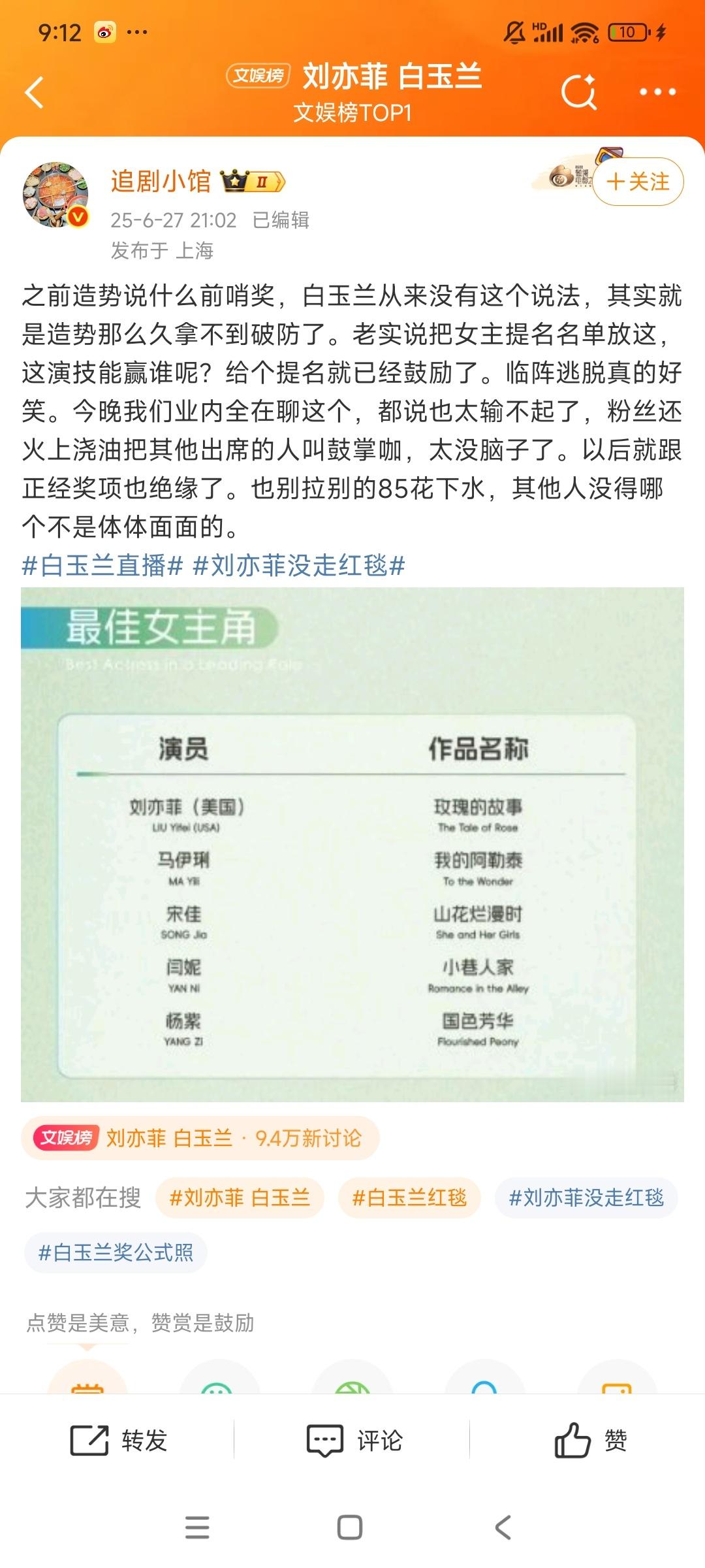 这位明着diss刘亦菲了，人昨天刘亦菲不是去了吗？还有“我们业内”这句话好笑人，