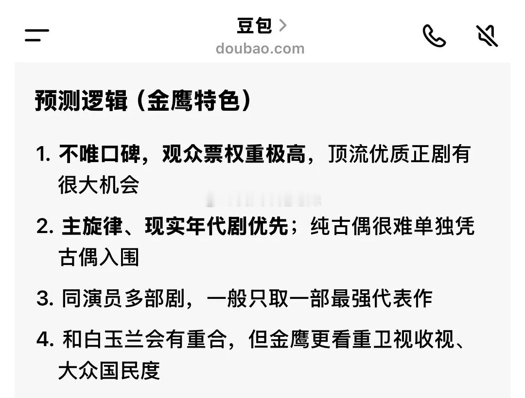 豆包最新预测金鹰最佳男女主提名