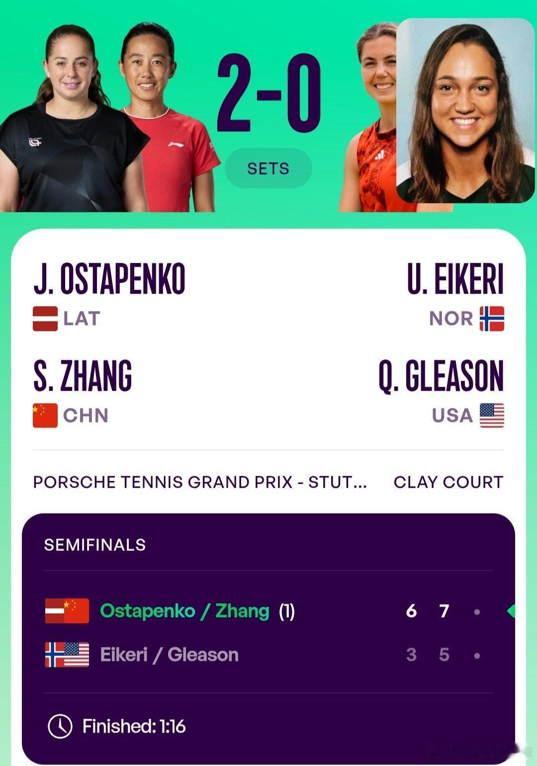 WTA500斯图加特站🇩🇪女双半决赛头号种子张帅🇨🇳/奥斯塔彭科🇱🇻